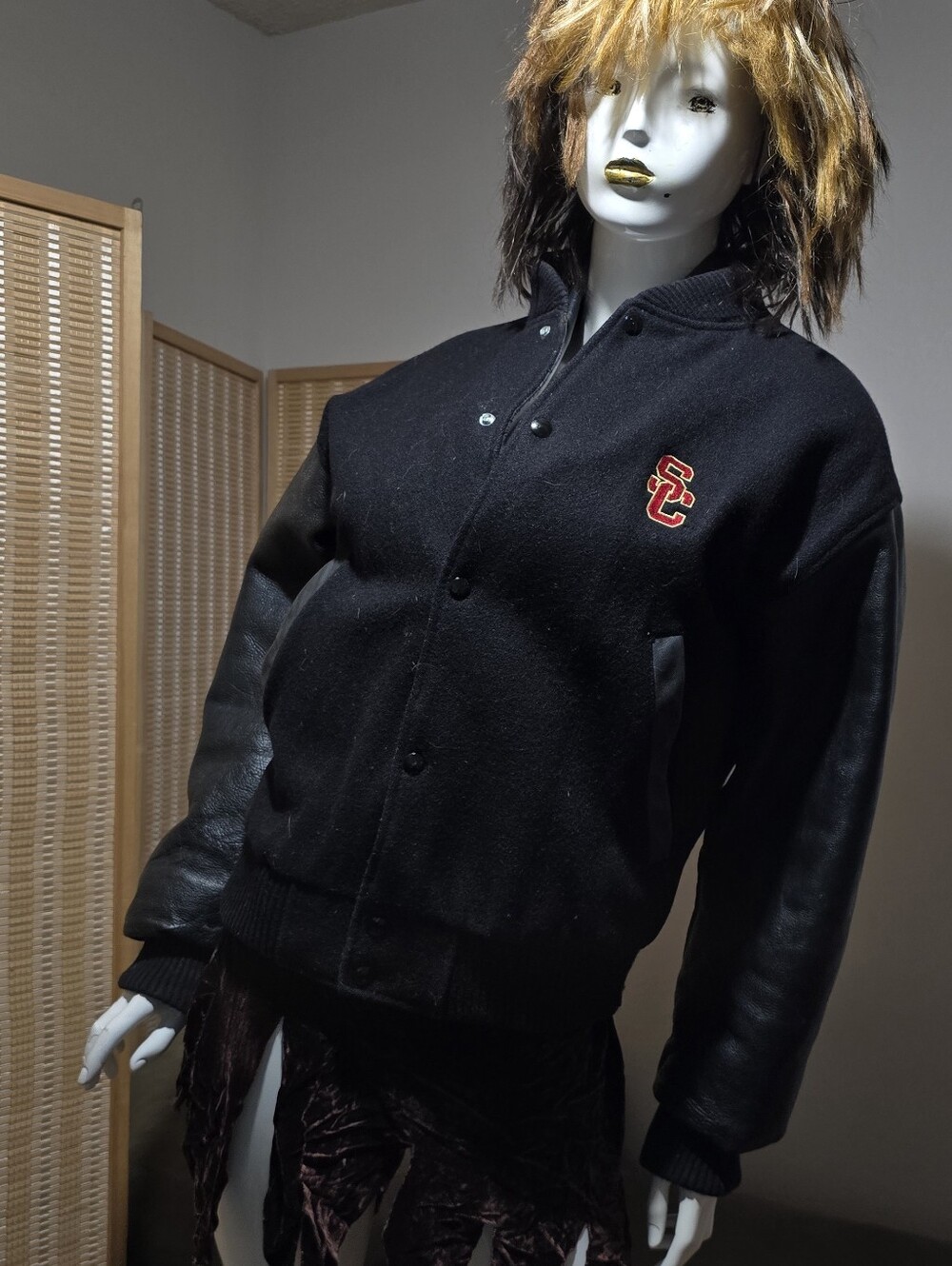 USC Black Wool Varsity Jacket with Leather Sleeves